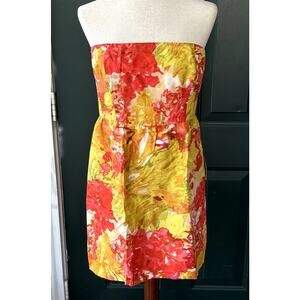 NWT J. Crew 100% Silk Strapless Dress w/ Floral Watercolor Print Vibrant Sunset